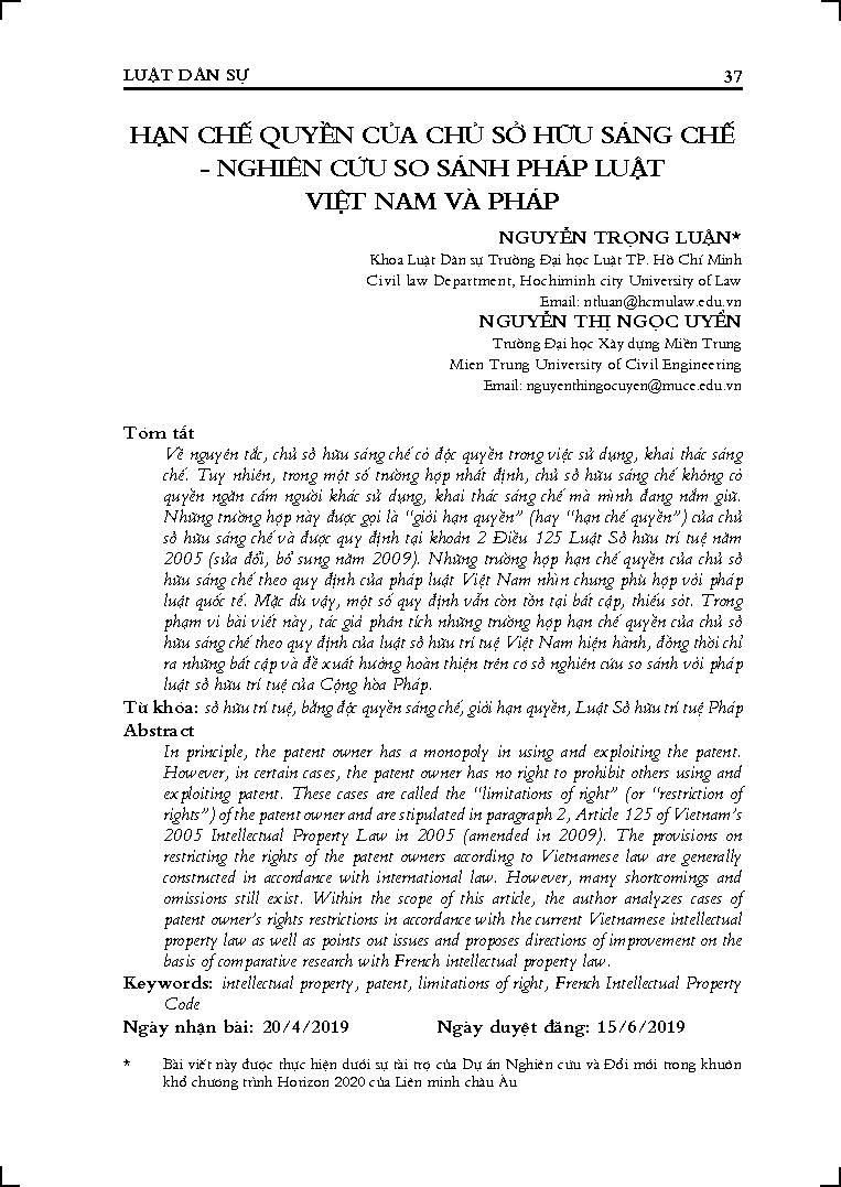 Hạn chế quyền của chủ sở hữu sáng chế - nghiên cứu so sánh pháp luật Việt Nam và Pháp