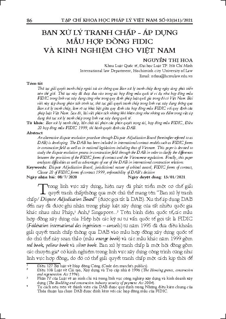 Ban xử lý tranh chấp - Áp dụng mẫu hợp đồng Fidic và kinh nghiệm cho Việt Nam