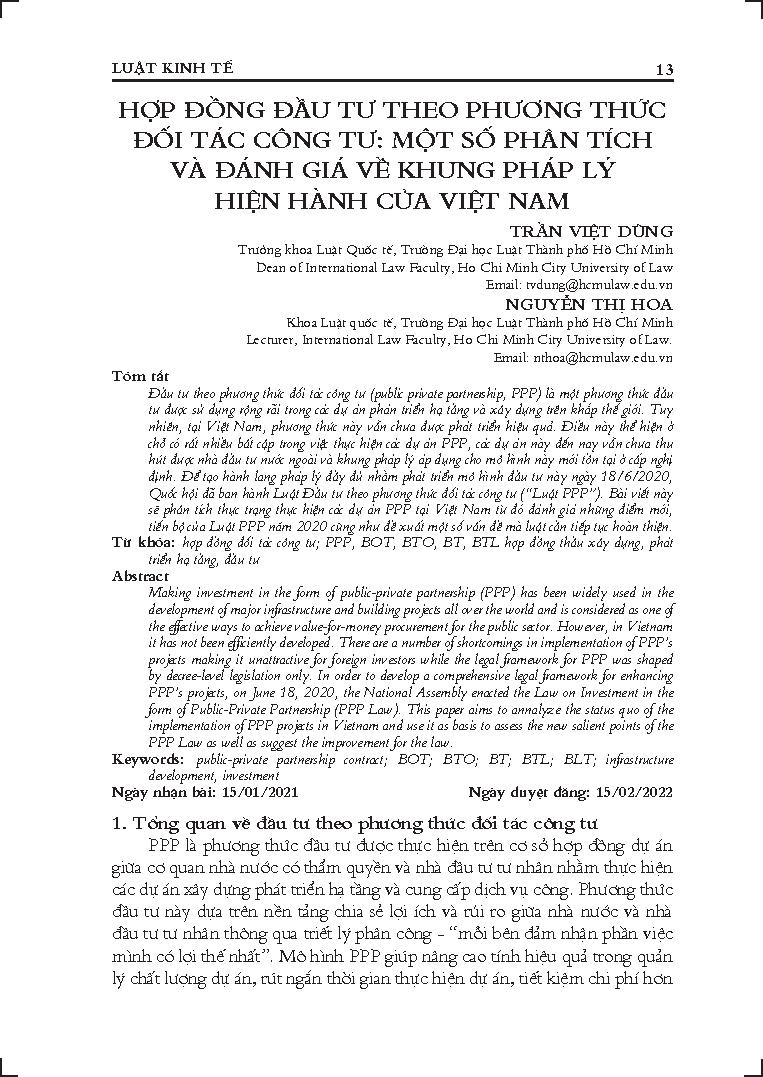 Hợp đồng đầu tư theo phương thức đối tác công tư: Một số phân tích và đánh giá về khung pháp lý hiện hành của Việt Nam