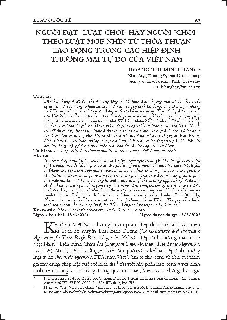 Người đặt "luật chơi" hay người "chơi" theo luật mới? nhìn từ thoả thuận lao động trong các hiệp định thương mại tự do của Việt Nam