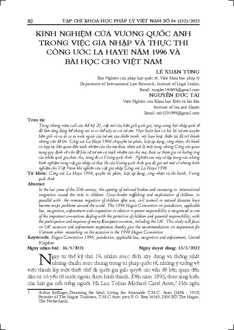 Kinh nghiệm của Vương quốc Anh trong việc gia nhập và thực thi Công ước La Haye năm 1996 và bài học cho Việt Nam