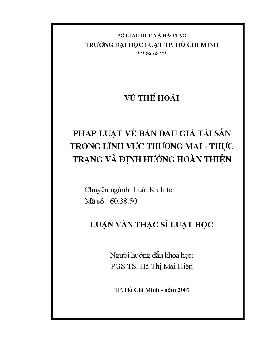 Pháp luật về bán đấu giá tài sản trong lĩnh vực thương mại - thực trạng và định hướng hoàn thiện