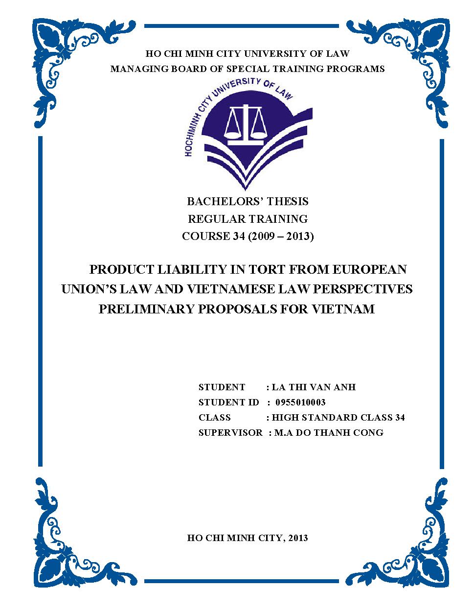 Product liability in tort from european union's law and vietnamese law perspectives preliminary proposals for vietnam