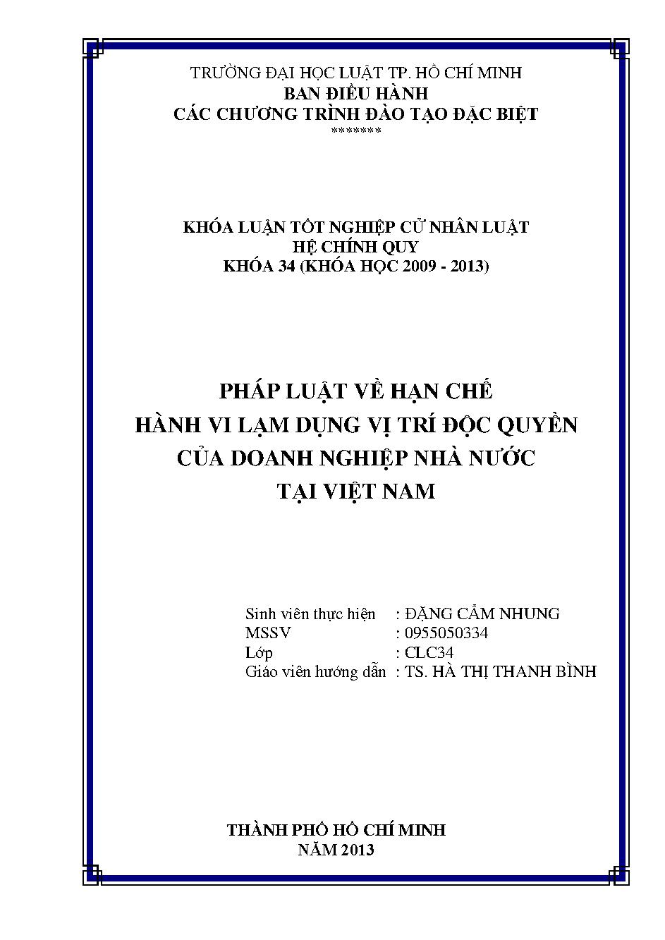 Pháp luật về hạn chế hành vi lạm dụng vị trí độc quyền của doanh nghiệp nhà nước tại Việt Nam