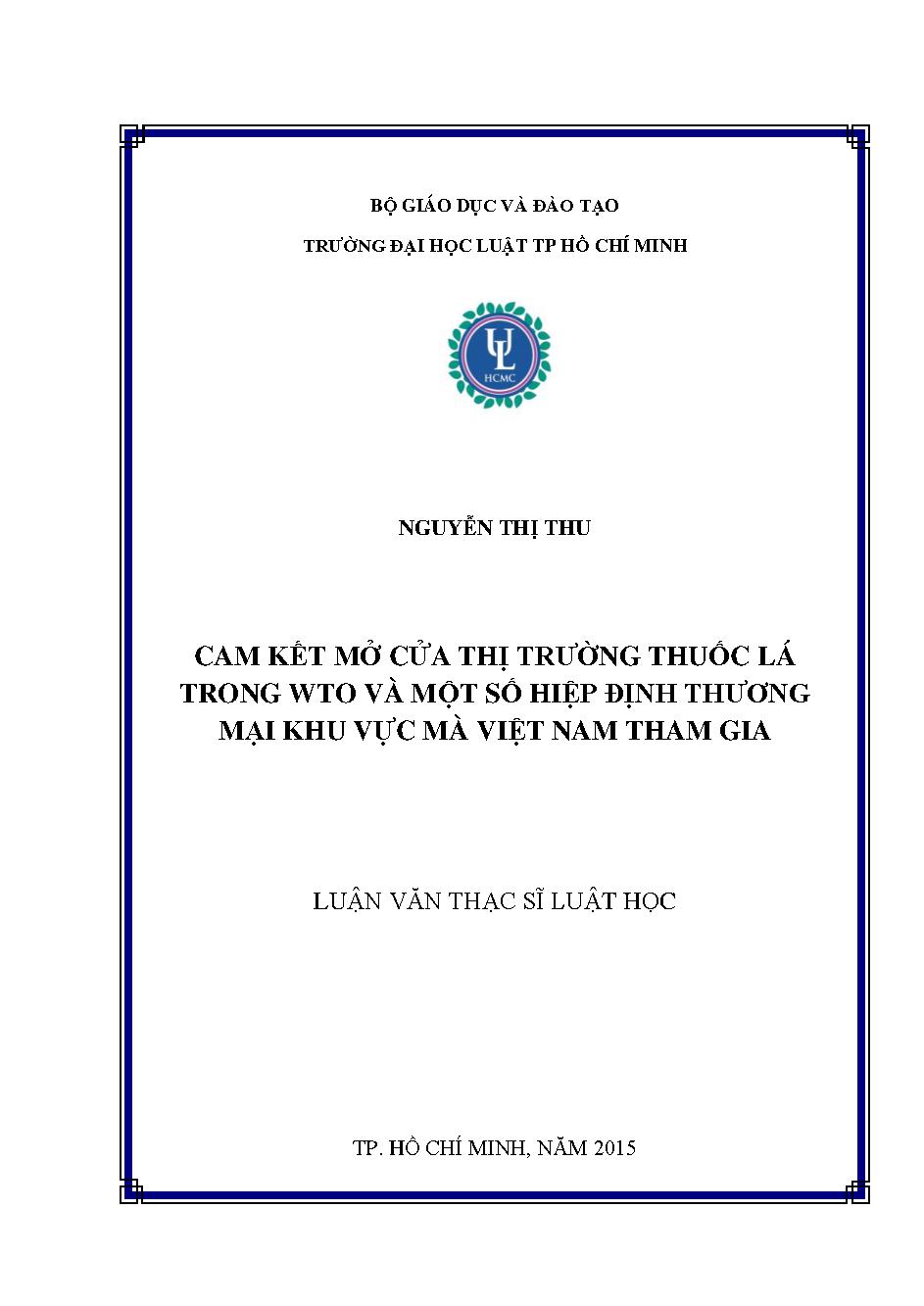 Cam kết mở cửa thị trường thuốc lá trong WTO và một số hiệp định thương mại khu vực mà Việt Nam tham gia