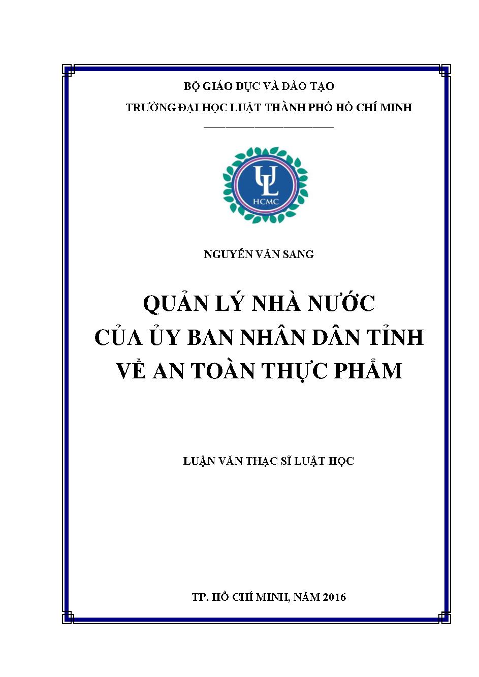 Quản lý nhà nước của Uỷ ban nhân dân tỉnh về an toàn thực phẩm