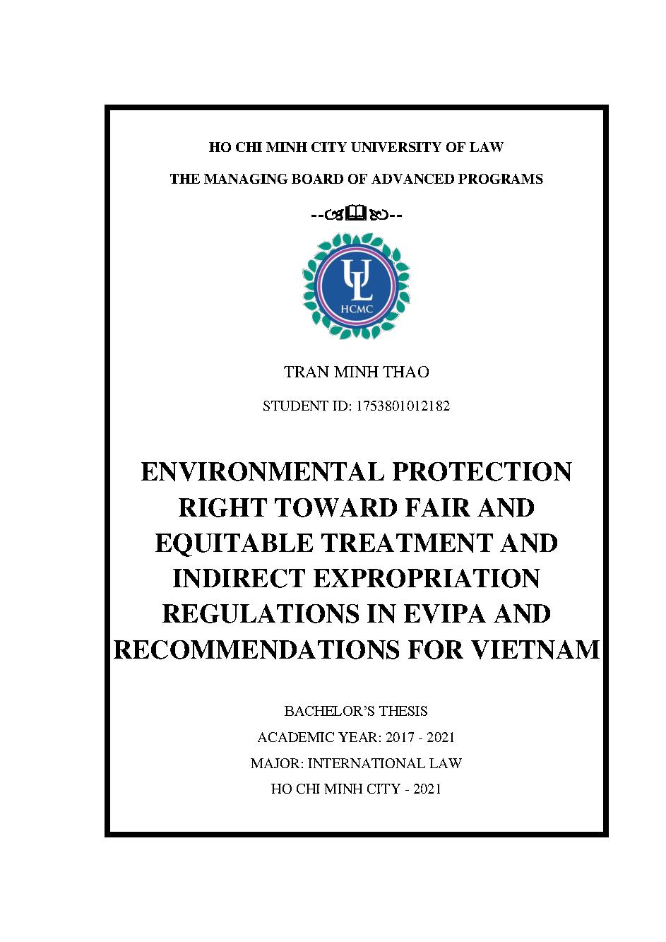Environmental Protection Right toward Fair and Equitable Treatment and Indirect Expropriation regulations in EVIPA and Recommendations for VietNam