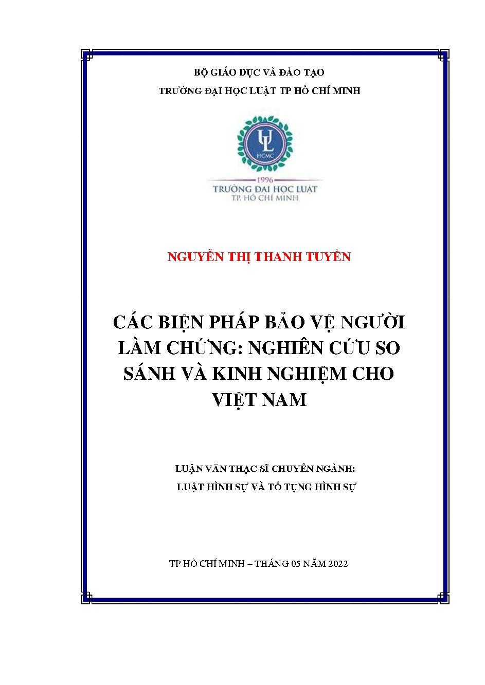 Các biện pháp bảo vệ người làm chứng - Nghiên cứu so sánh và kinh nghiệm cho Việt Nam