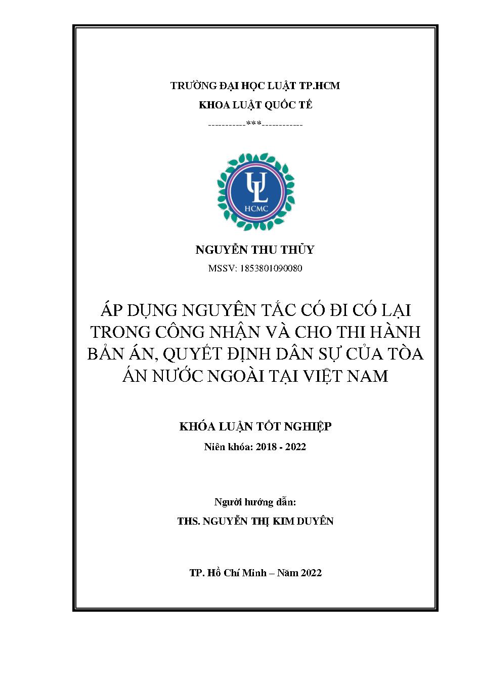 Áp dụng nguyên tắc có đi có lại trong công nhận và cho thi hành bản án, quyết định dân sự của toà án nước ngoài tại Việt Nam