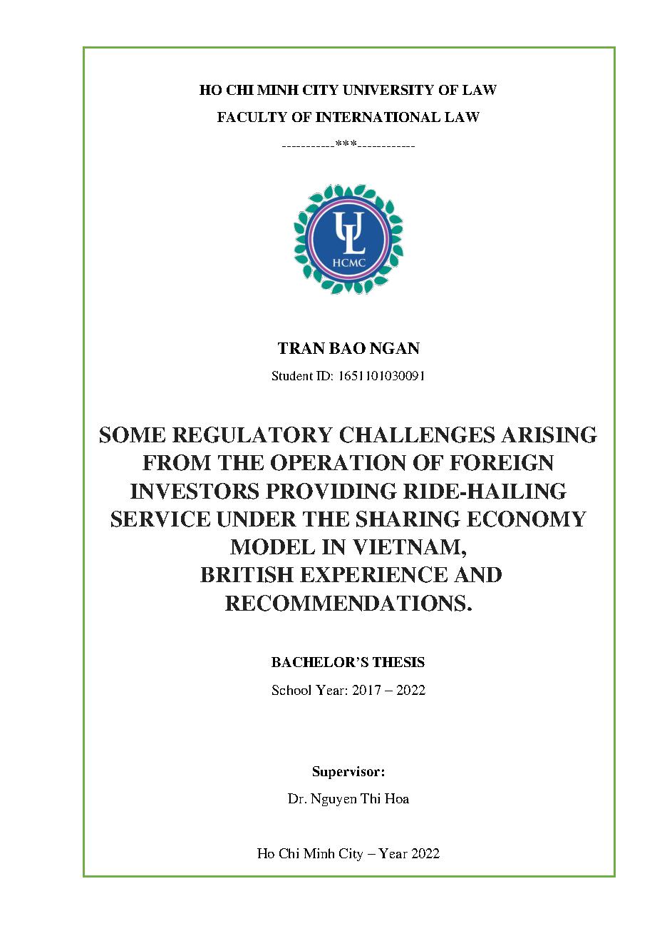 Some regulatory challenges arising frome the operation of foreign investors providing ride-hailing service under the sharing economy model in Vietnam, British experience and recommendations