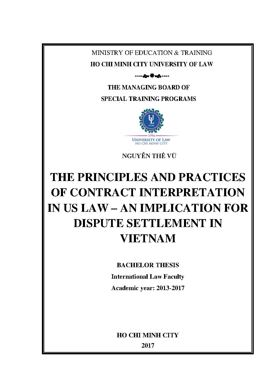 The principles and practices of contract interpretation in US law - An implication for dispute settlement in Vietnam