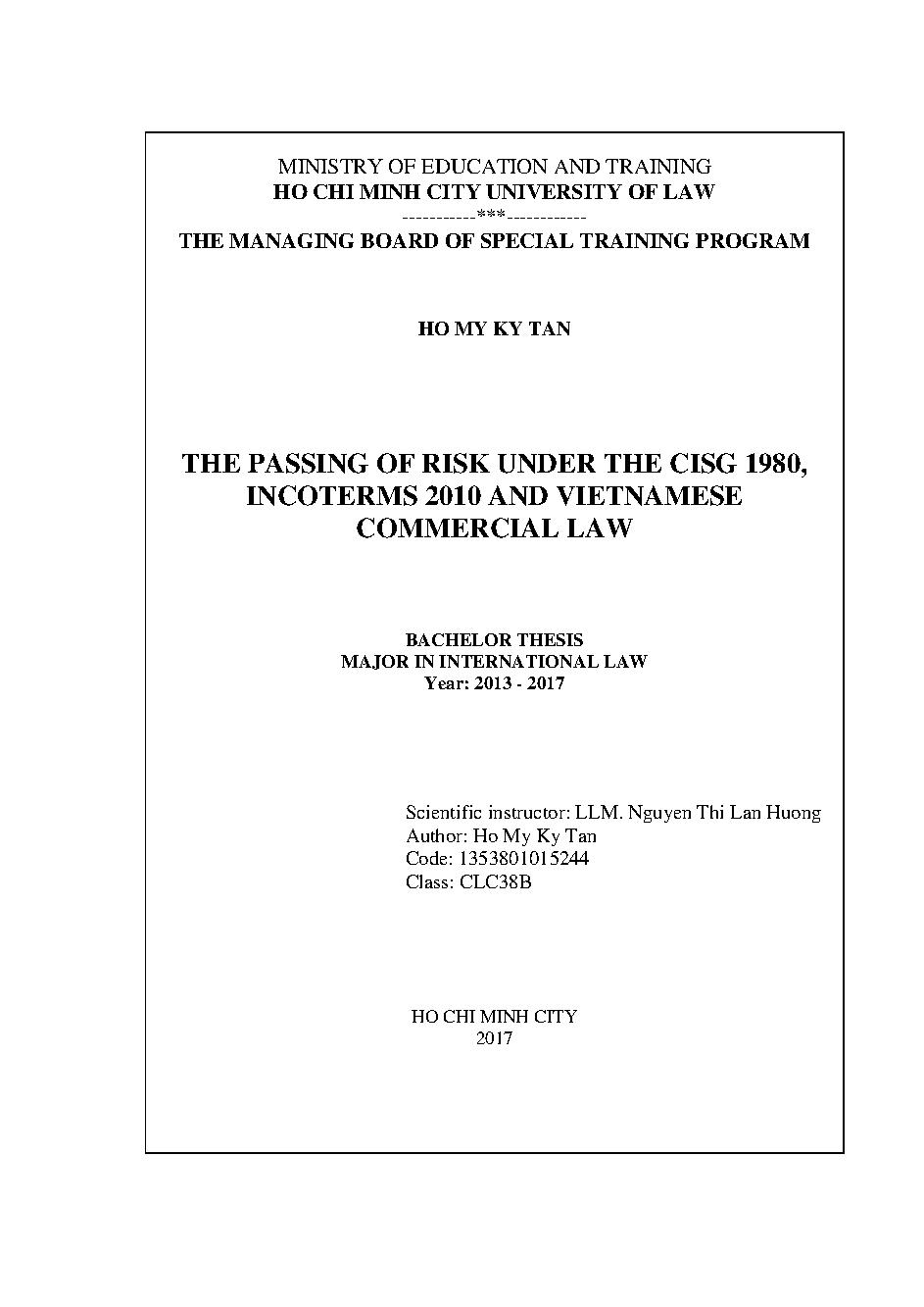 The passing of risk under the CISG 1980, incoterms 2010 and Vietnamese commercial