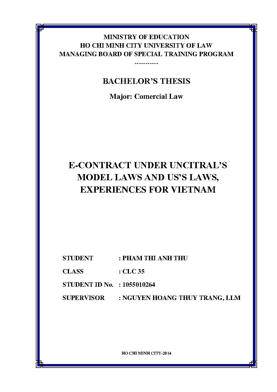 E-Contract under uncitral's model laws and us's laws, experiences for Vietnam