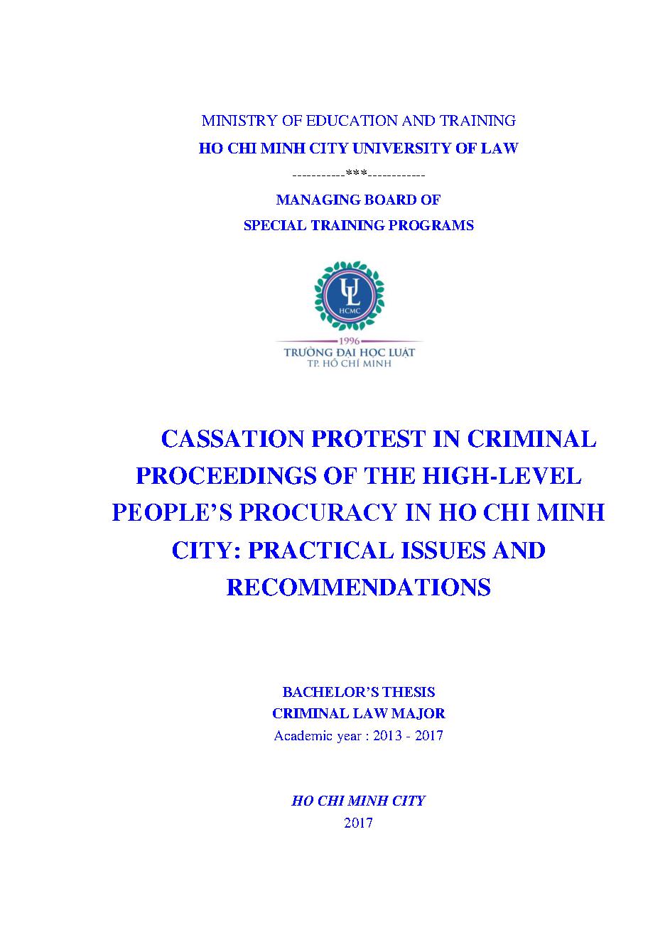Cassation protest in criminal proceedings of the hight - level people's procuracy in Ho Chi Minh city: Practical issues and recommendations