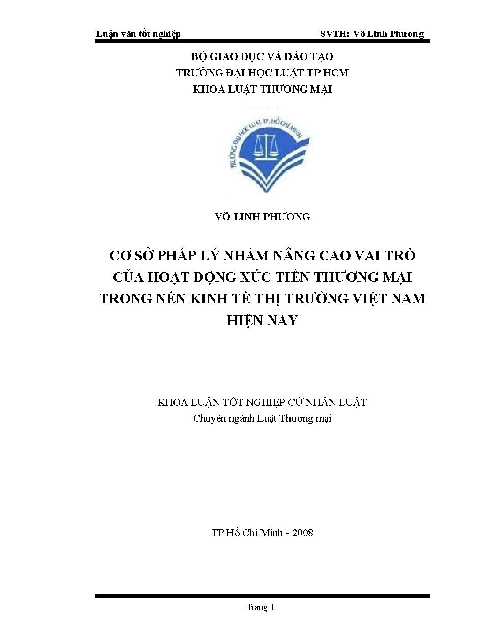 Cơ sở pháp lý nhằm nâng cao vai trò của hoạt động xúc tiến thương mại trong nền kinh tế thị trường Việt Nam hiện nay
