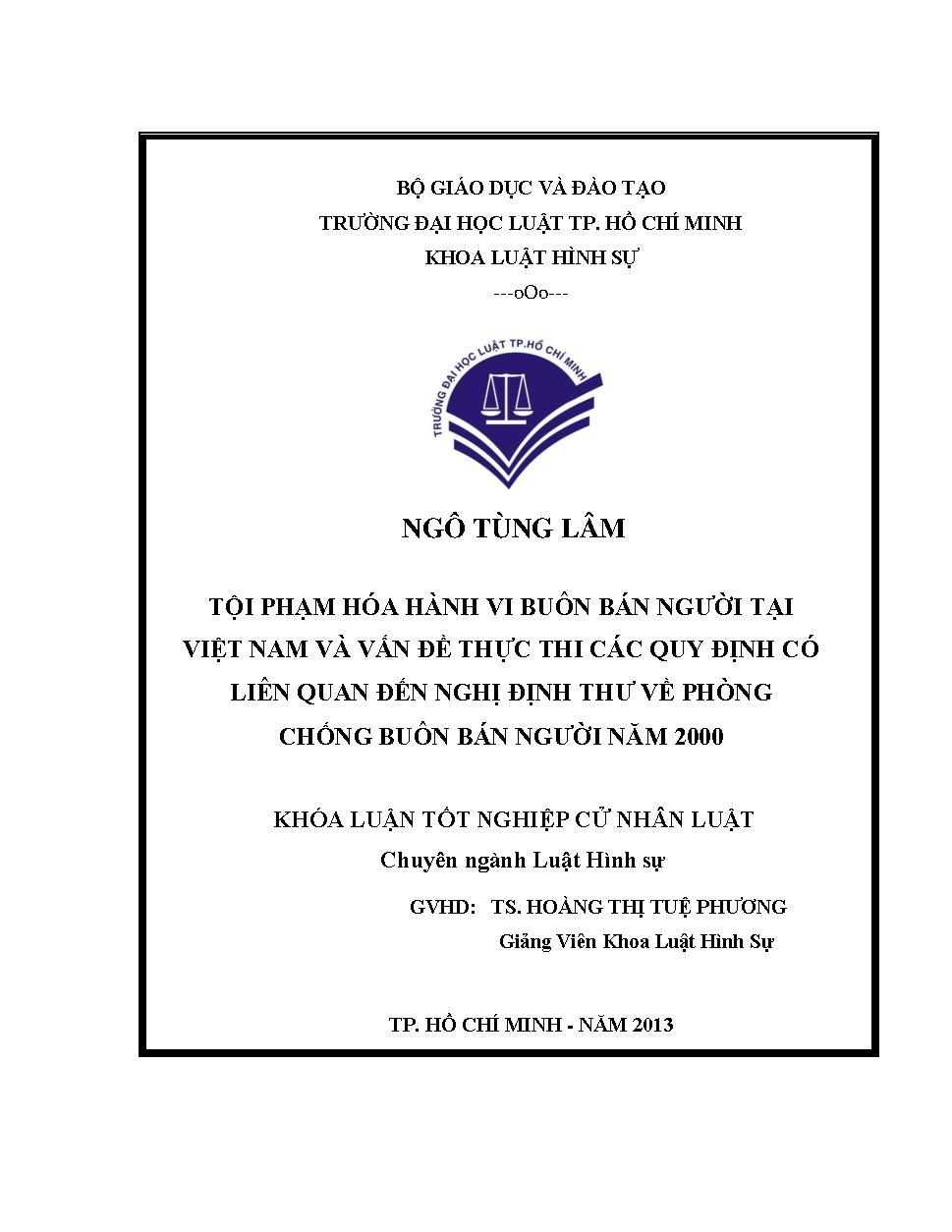 Tội phạm hóa hành vi buôn bán người tại Việt Nam và vấn đề thực thi các quy định có liên quan đến nghị định thư về phòng chống buôn bán người năm 2000