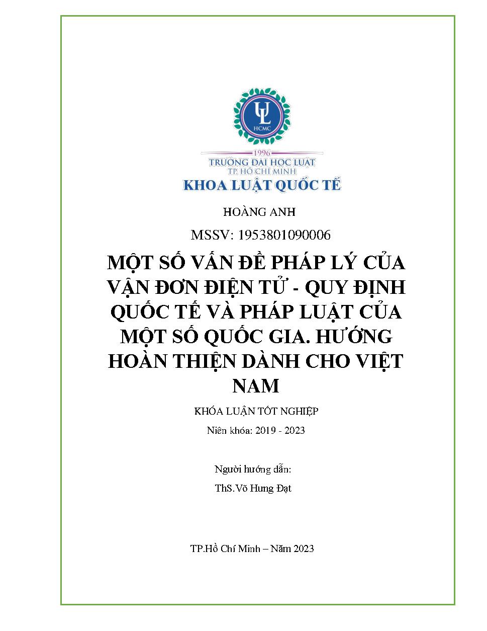 Một số vấn đề pháp lý của vận đơn điện tử - Quy định quốc tế và pháp luật của một số quốc gia. Hướng hoàn thiện dành cho Việt Nam