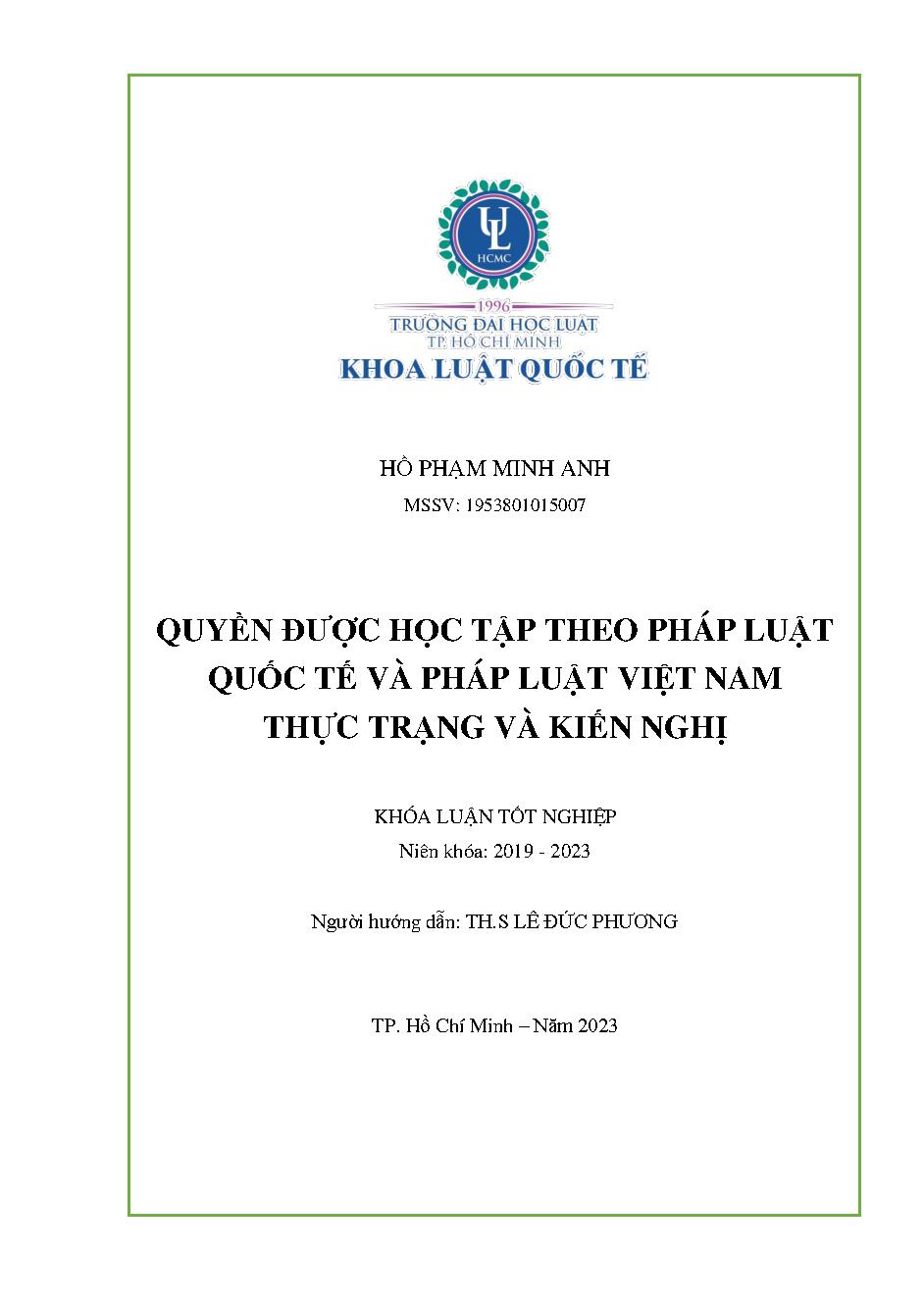 Quyền được học tập theo pháp luật quốc tế và pháp luật Việt Nam - Thực trạng và kiến nghị