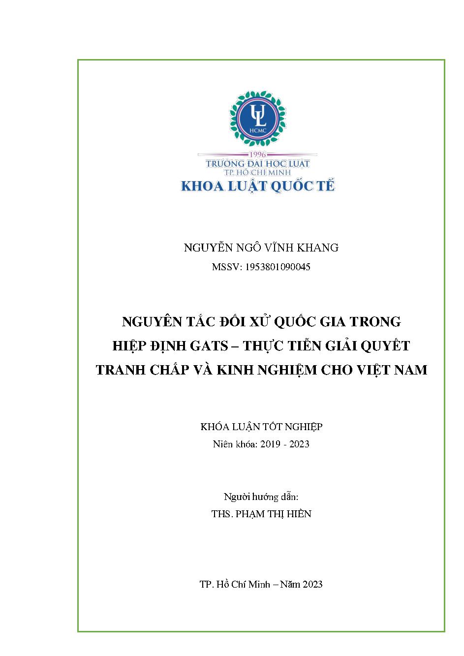 Nguyên tắc đối xử quốc gia trong Hiệp định GATS - Thực tiễn giải quyết tranh chấp và kinh nghiệm cho Việt Nam