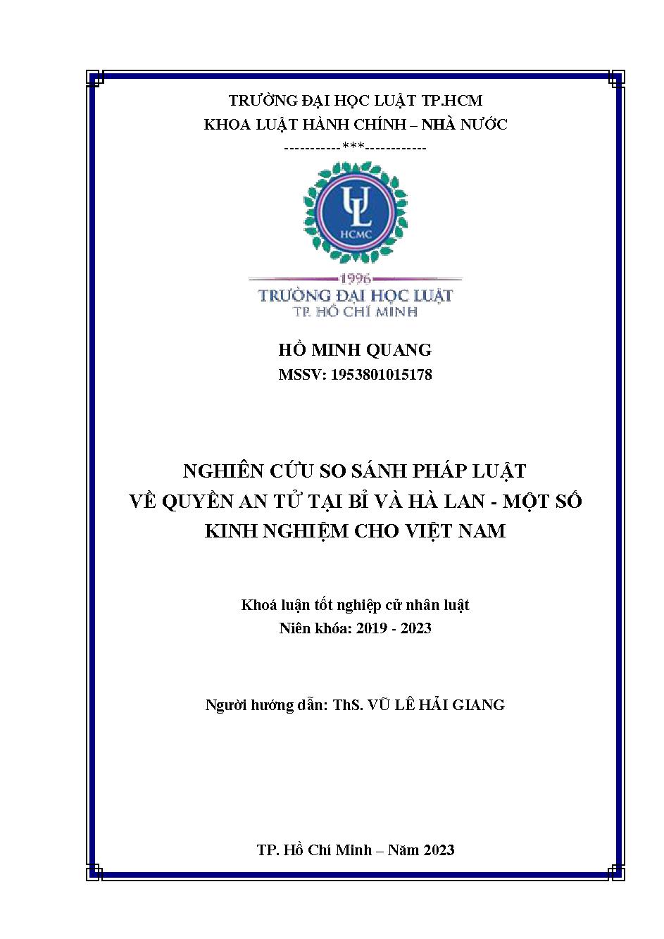 Nghiên cứu so sánh pháp luật về quyền an tử tại Bỉ và Hà Lan - một số kinh nghiệm cho Việt Nam