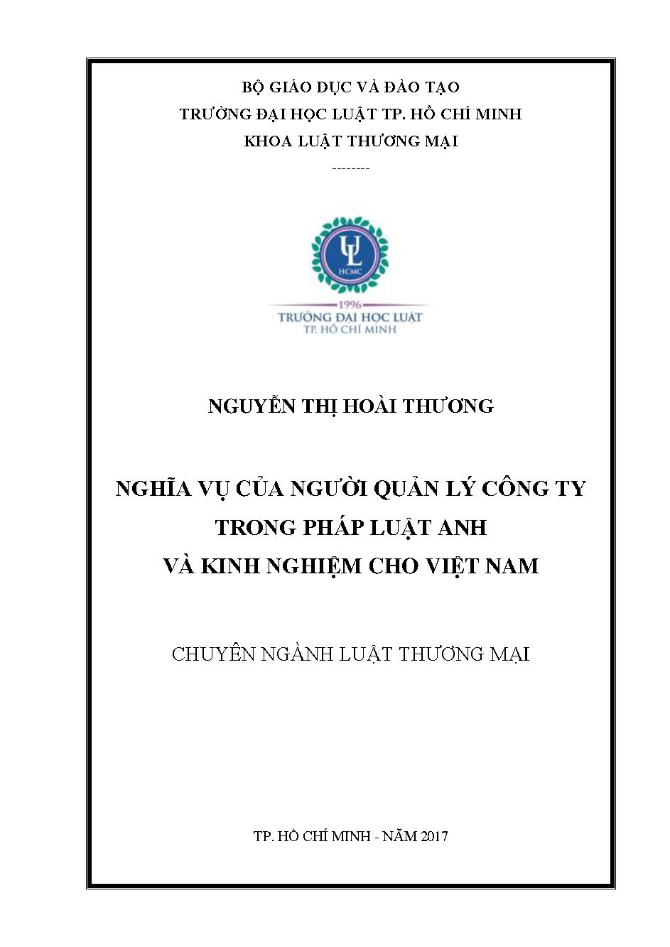 Nghĩa vụ của người quản lý công ty trong pháp luật Anh và kinh nghiệm cho Việt Nam