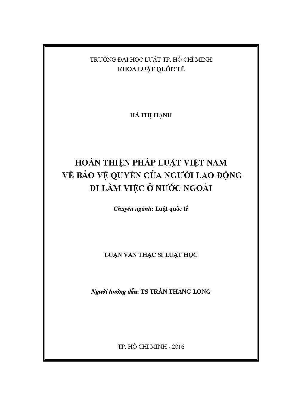 Hoàn thiện pháp luật Việt Nam về bảo vệ quyền của người lao động đi làm việc ở nước ngoài