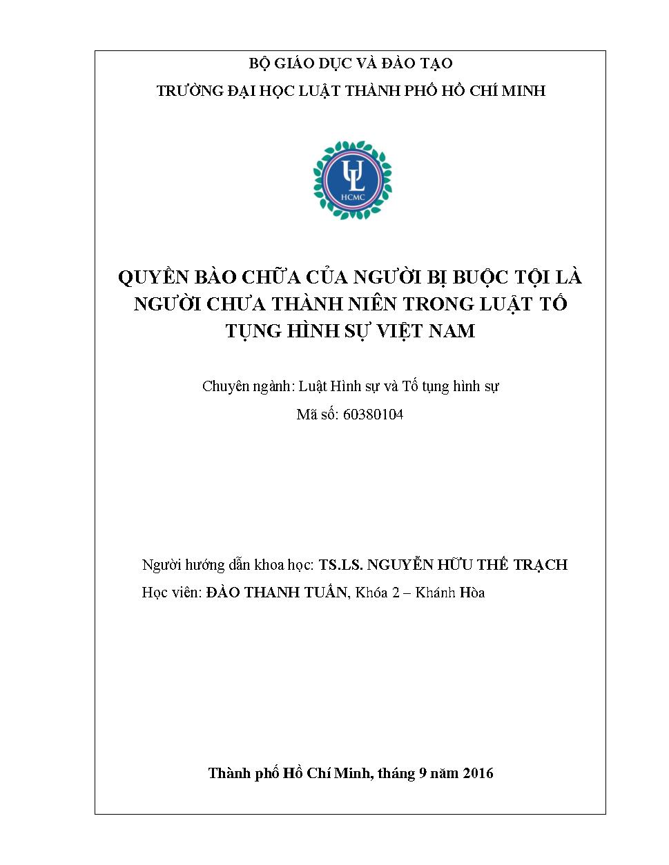 Quyền bào chữa của người bị buộc tội là người chưa thành niên trong Luật Tố tụng hình sự Việt Nam