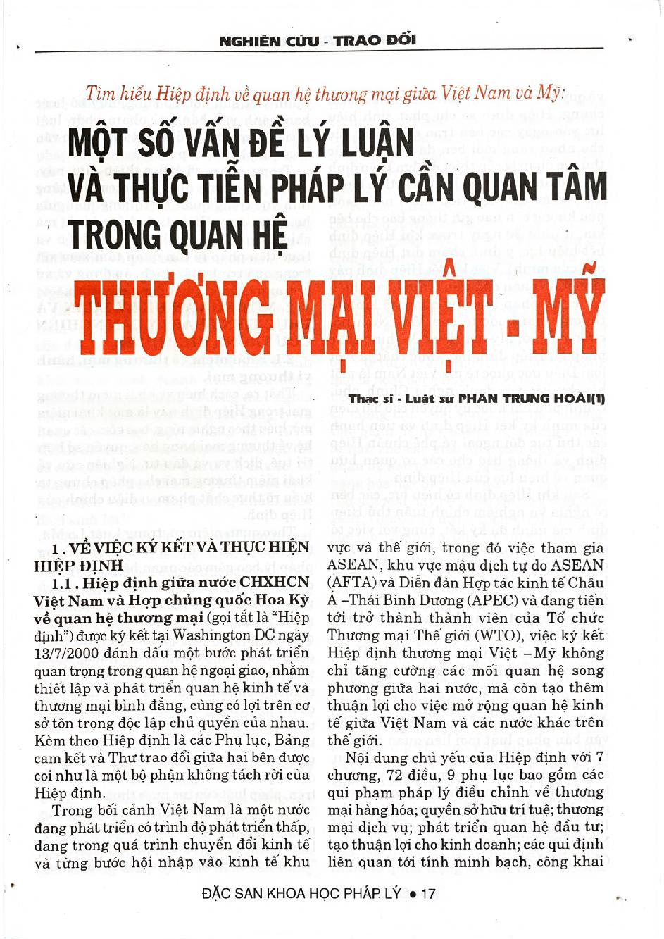 Một số vấn đề lý luận và thực tiễn pháp lý cần quan tâm trong quan hệ thương mại Việt - Mỹ