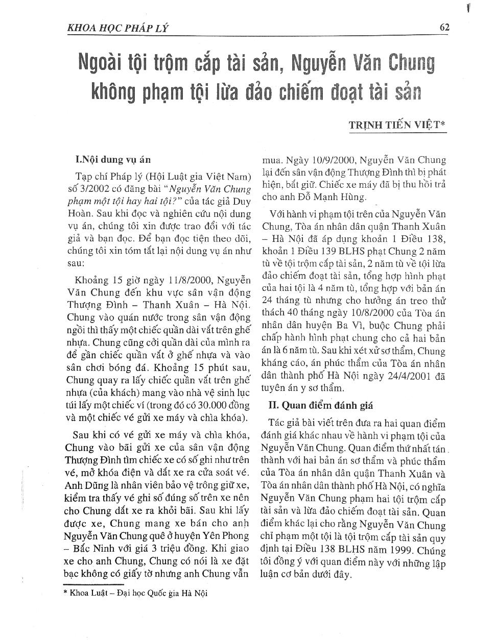 Ngoài tội trộm cắp tài sản, Nguyễn Văn Chung không phạm tội chiếm đoạt tài sản