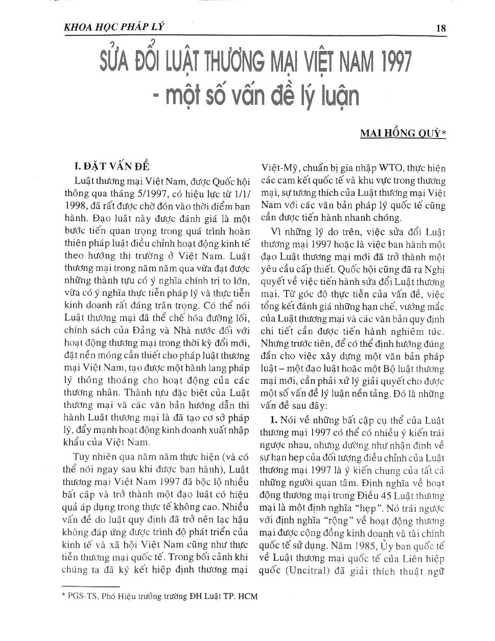 Sửa đổi Luật Thương mại Việt Nam 1997 - một số vấn đề lý luận