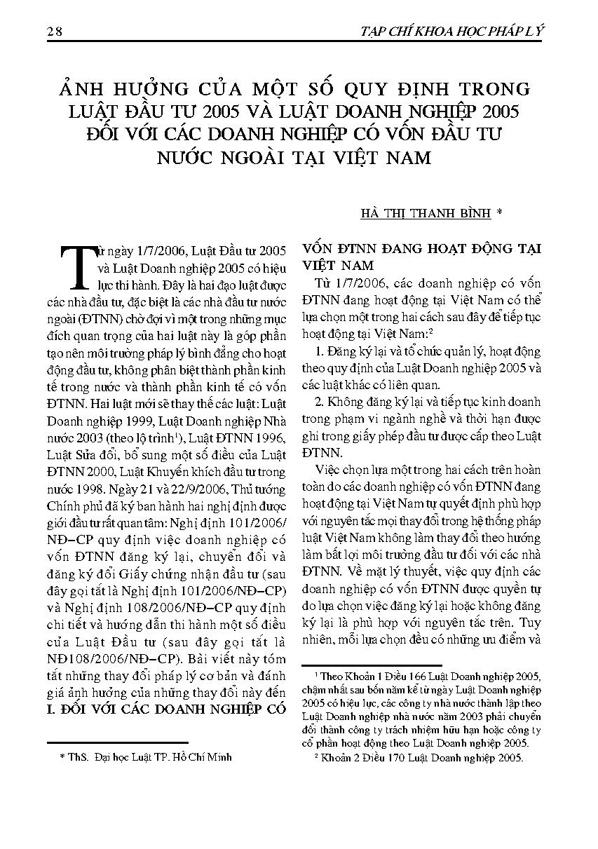 Ảnh hưởng của một số quy định trong luật đầu tư 2005 và luật doanh nghiệp 2005 đối với các doanh nghiệp có vốn đầu tư nước ngoài tại Việt Nam