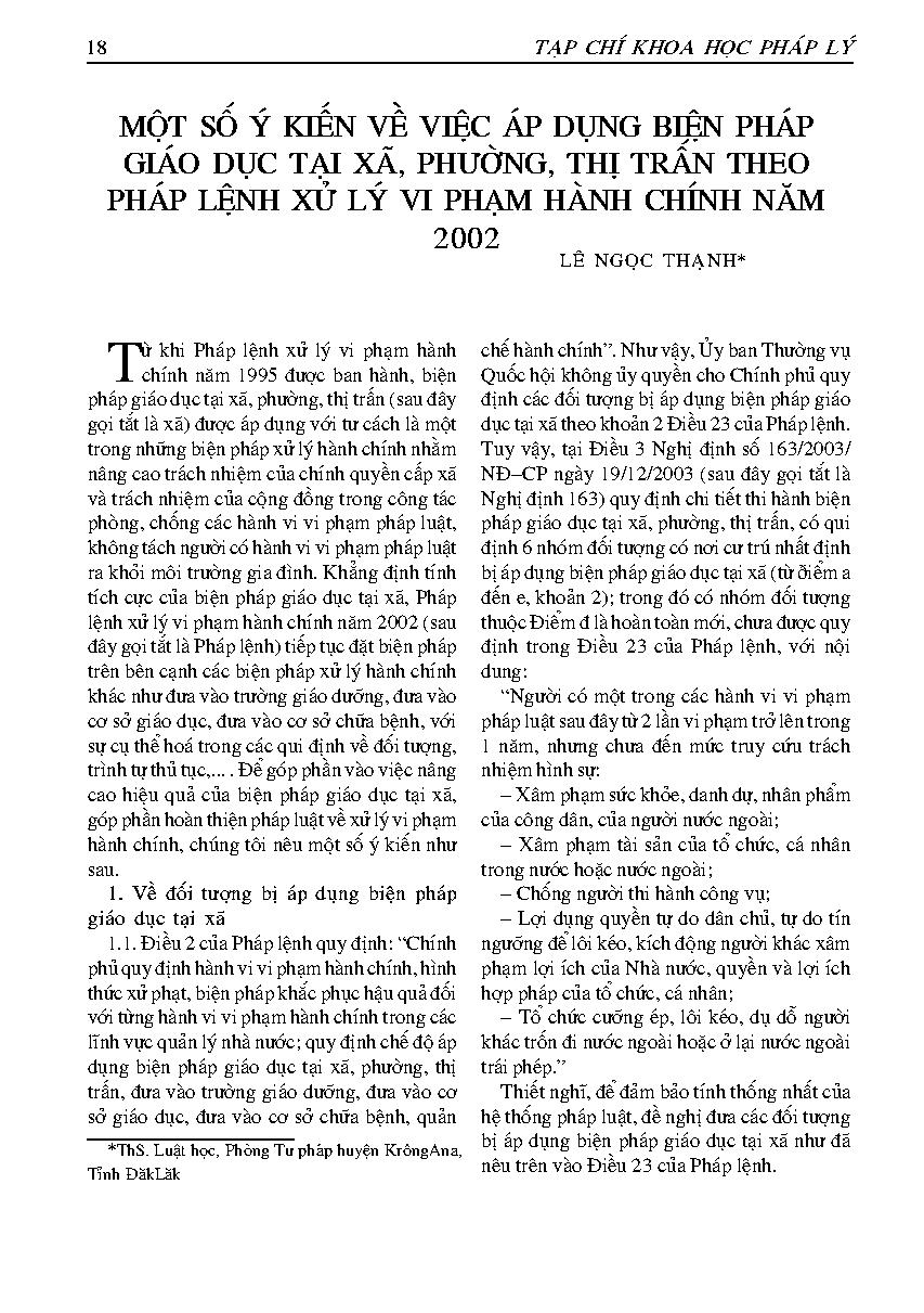 Một số ý kiến về việc áp dụng biện pháp giáo dục tại xã, phường, thị trấn theo pháp lệnh xử lý vi phạm hành chính năm 2002
