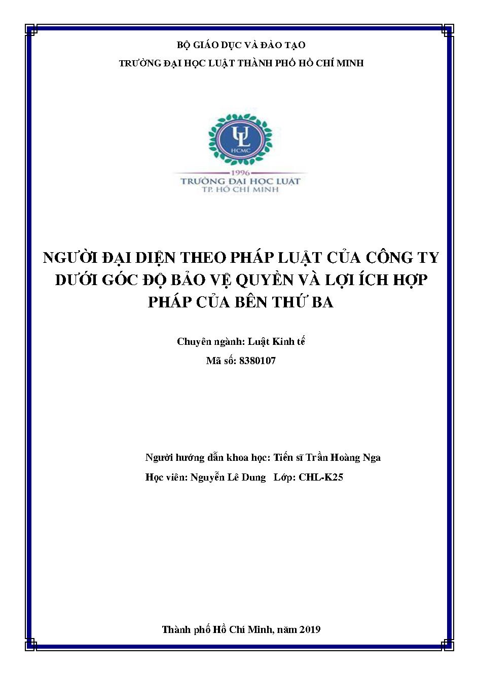 Người đại diện theo pháp luật của công ty dưới góc độ bảo vệ quyền và lợi ích hợp pháp của bên thứ ba