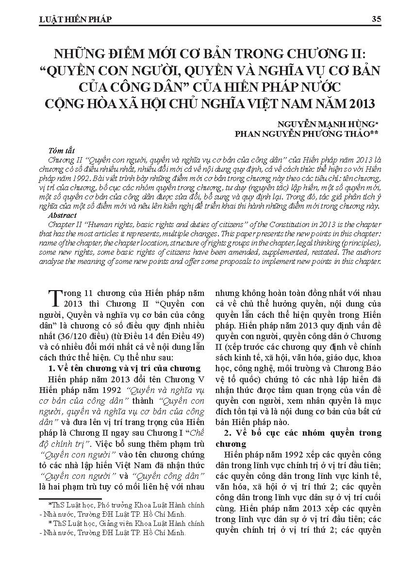 Những điểm mới cơ bản trong chương II : "Quyền con người, quyền và nghĩa vụ cơ bản của công dân" của hiến pháp nước cộng hòa xã hội chủ nghĩa Việt Nam năm 2013