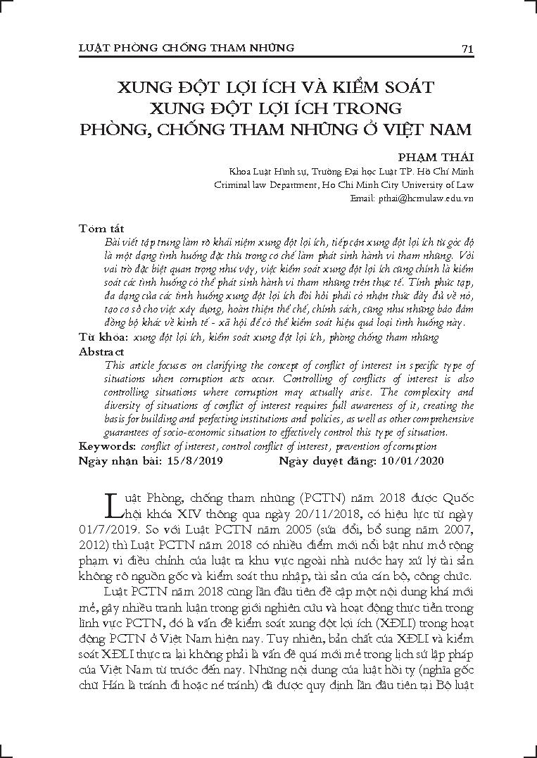Xung đột lợi ích và kiểm soát xung đột lợi ích trong phòng, chống tham nhũng ở Việt Nam