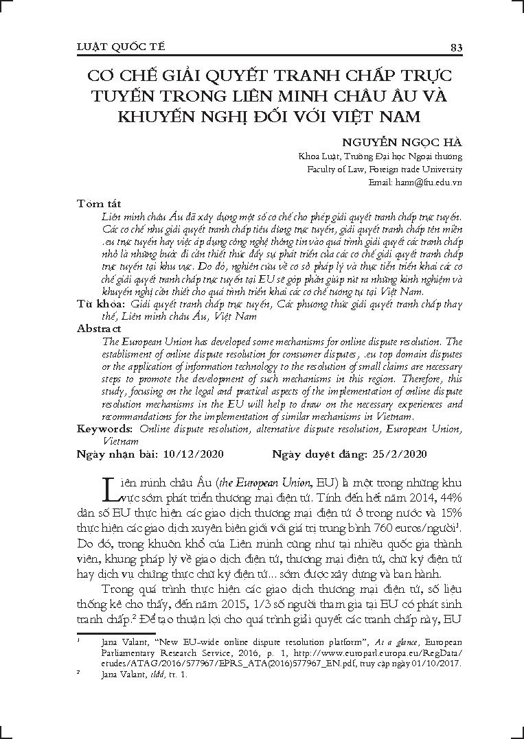 Cơ chế giải quyết tranh chấp trực tuyến trong liên minh Châu Âu và khuyến nghị đối với Việt Nam