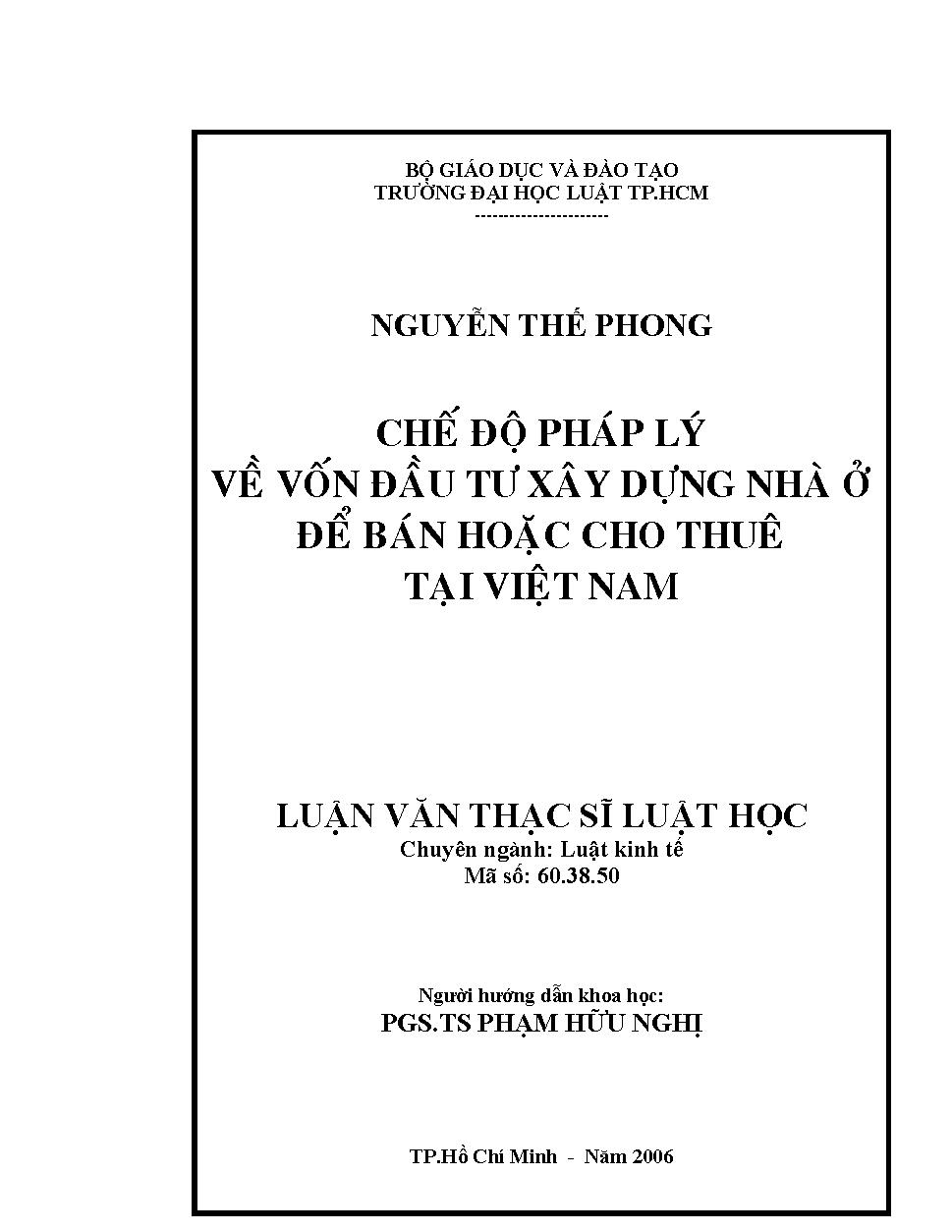 Chế độ pháp lý về vốn đầu tư xây dựng nhà ở để bán hoặc cho thuê tại Việt Nam