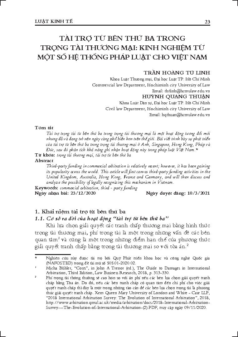 Tài trợ từ bên thứ ba trong trọng tài thương mại: Kinh nghiệm từ một số hệ thống pháp luật cho Việt Nam