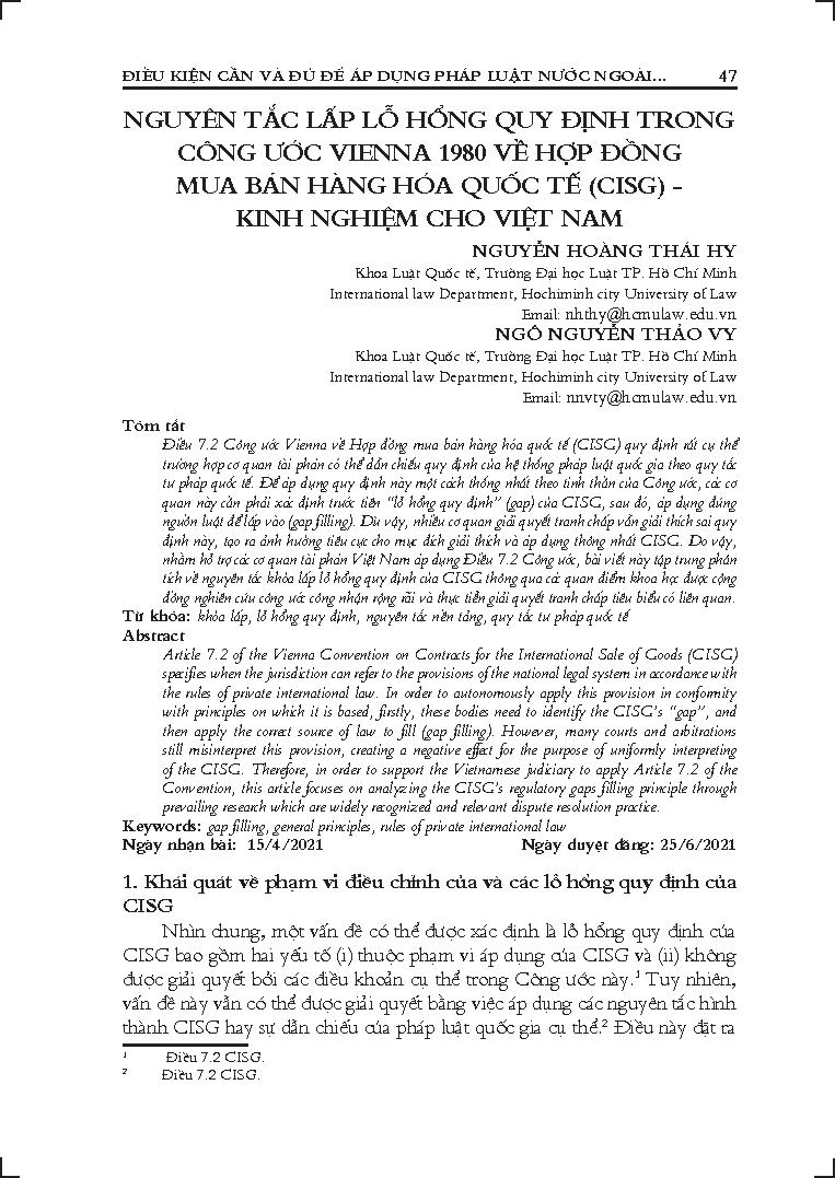 Nguyên tắc lấp lỗ hổng quy định trong công ước Vienna 1980 về hợp đồng mua bán hàng hóa quốc tế (CISG) - Kinh nghiệm cho Việt Nam
