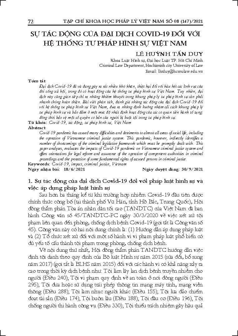Sự tác động của đại dịch COVID-19 với hệ thống tư pháp hình sự Việt Nam