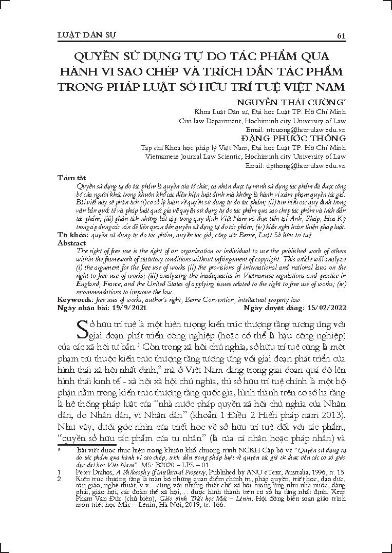 Quyền sử dụng tự do tác phẩm qua hành vi sao chép và trích dẫn tác phẩm trong pháp luật sở hữu trí tuệ Việt Nam