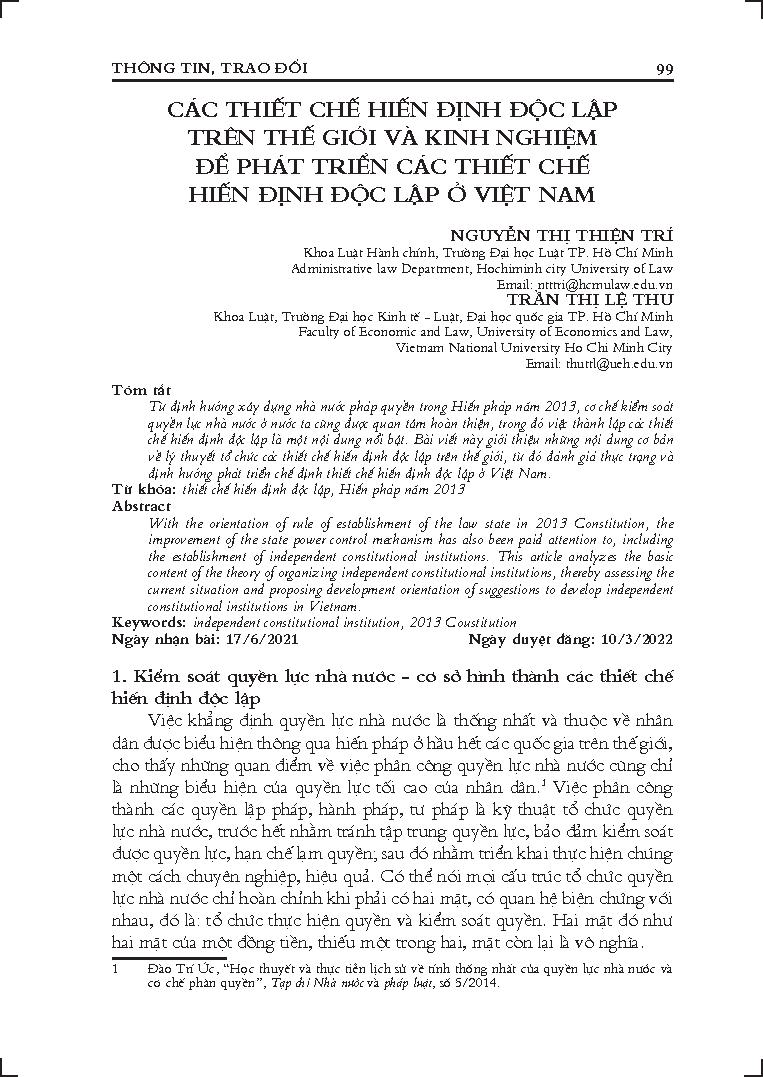 Các thiết chế hiến định độc lập trên thế giới và kinh nghiệm để phát triển các thiết chế hiến định độc lập ở Việt Nam