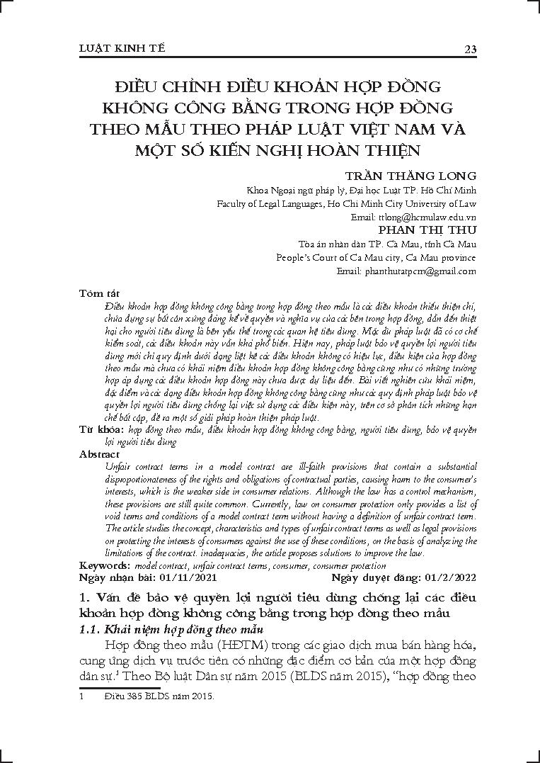 Điều chỉnh điều khoản hợp đồng không công bằng trong hợp đồng theo mẫu theo pháp luật Việt Nam và một số kiến nghị hoàn thiện