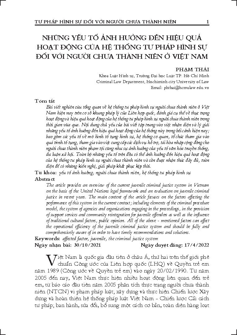 Những yếu tố ảnh hưởng đến hiệu quả hoạt động của hệ thống tư pháp hình sự đối với người chưa thành niên ở Việt Nam
