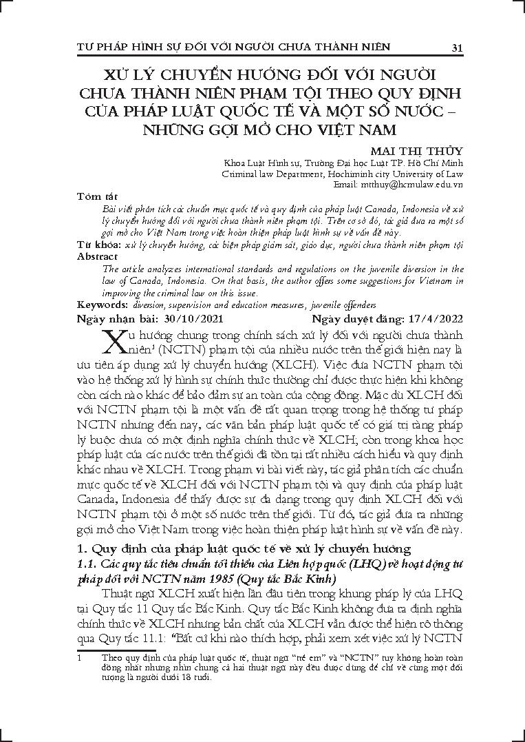 Xử lý chuyển hướng đối với người chưa thành niên phạm tội theo quy định của pháp luật quốc tế và một số nước - Những gợi mở cho Việt Nam