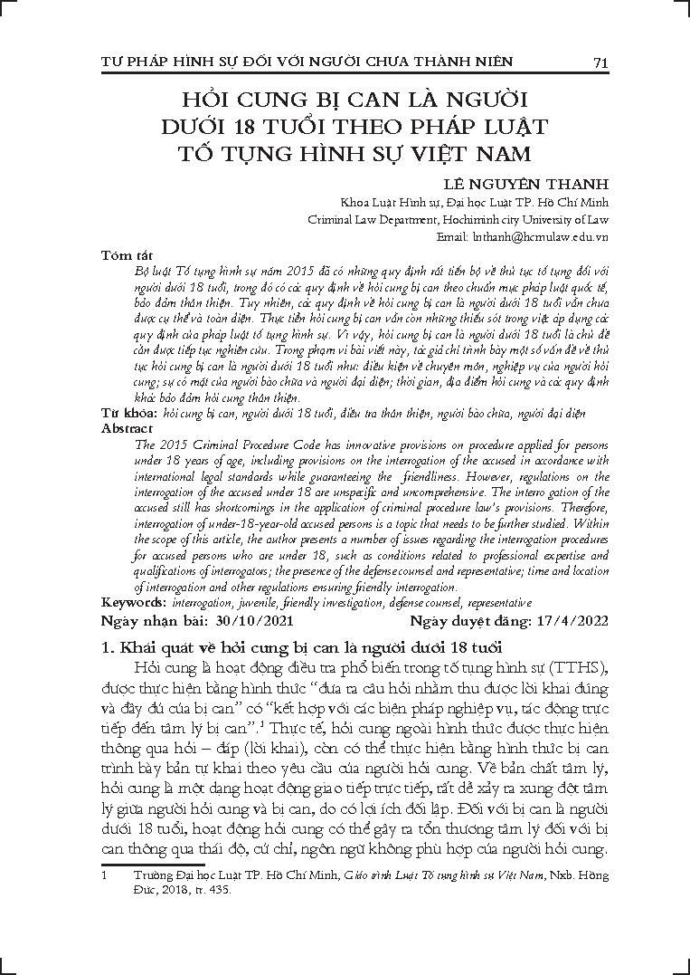 Hỏi cung bị can là người dưới 18 tuổi theo pháp luật tố tụng hình sự Việt Nam