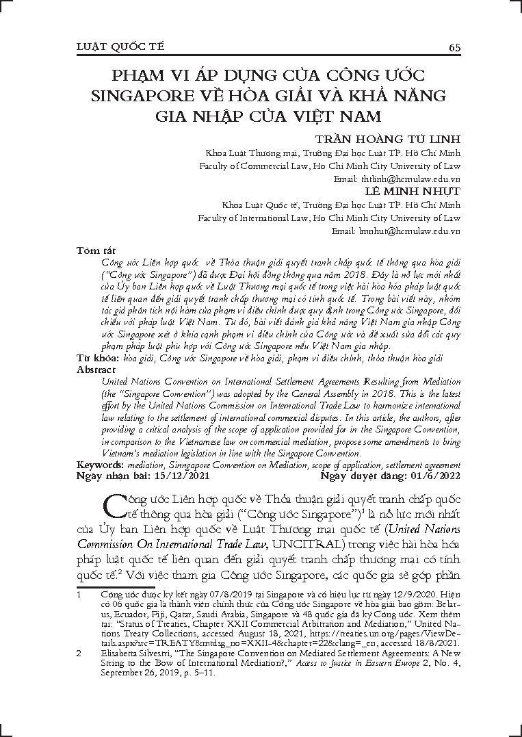 Phạm vi áp dụng của Công ước Singapore về hòa giải và khả năng gia nhập của Việt Nam