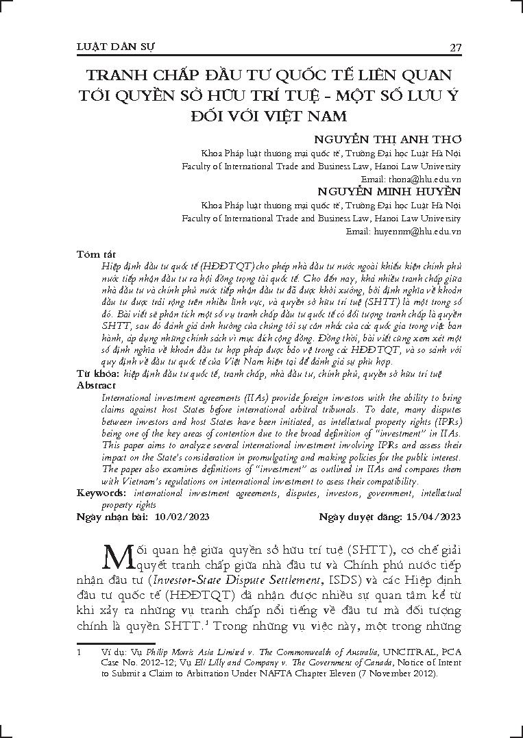 Tranh chấp đầu tư quốc tế liên quan tới quyền sở hữu trí tuệ - Một số lưu ý đối với Việt Nam