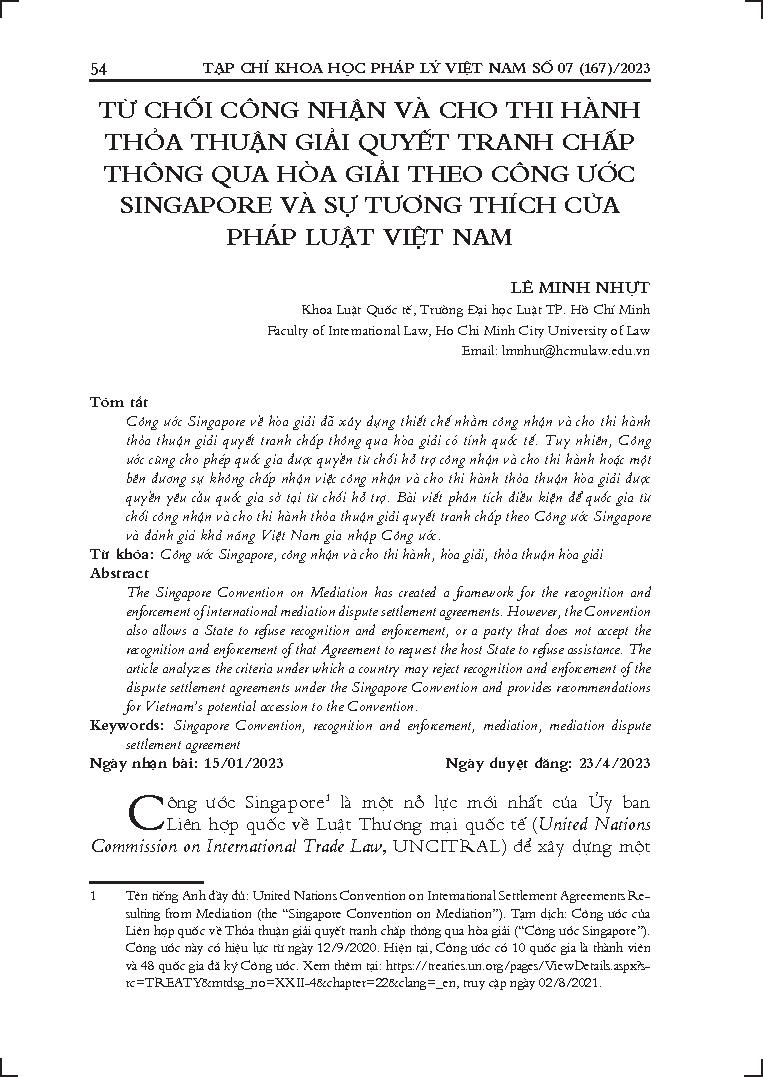 Từ chối công nhận và cho thi hành thỏa thuận giải quyết tranh chấp thông qua hòa giải theo Công ước Singapore và sự tương thích của pháp luật Việt Nam