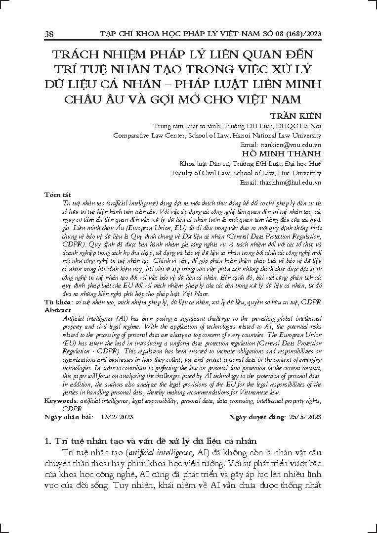 Trách nhiệm pháp lý liên quan đến trí tuệ nhân tạo trong việc xử lý dữ liệu cá nhân - Pháp luật liên minh châu Âu và gợi mở cho Việt Nam